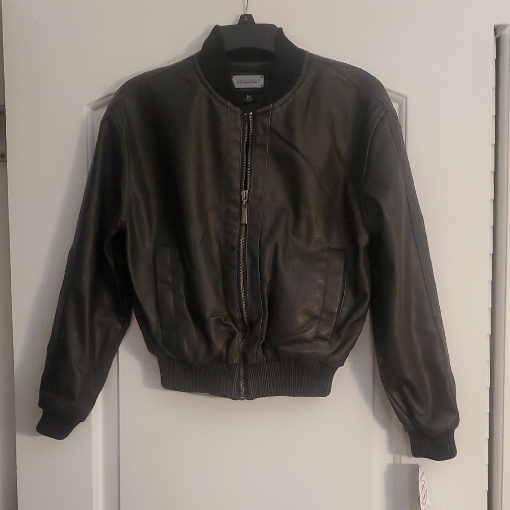 Jou Jou Juniors Distressed Faux-Black Leather Bomber Jacket
